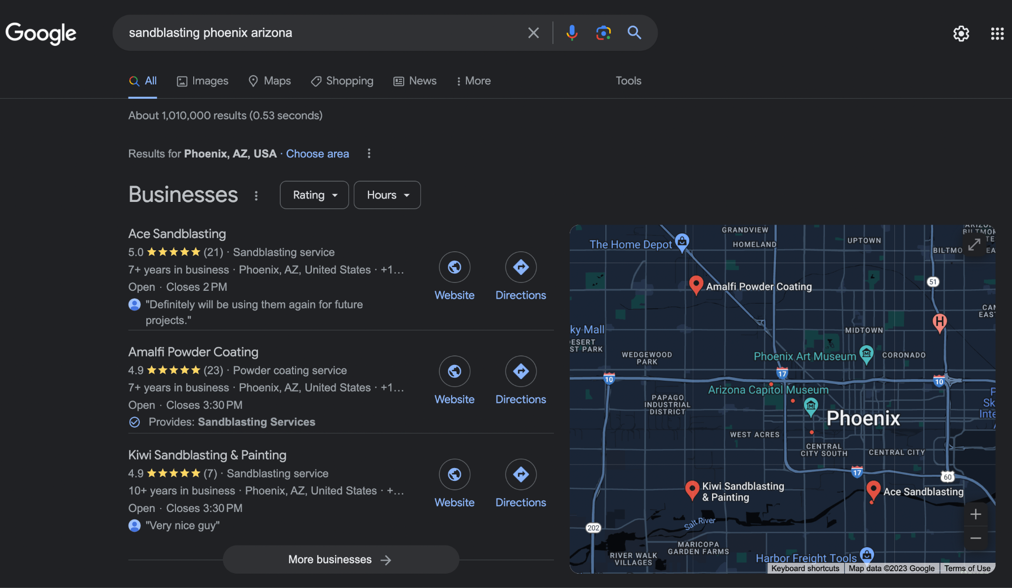 Screenshot of Google's Business Profile listings appearing in the Local Map Pack in search results.